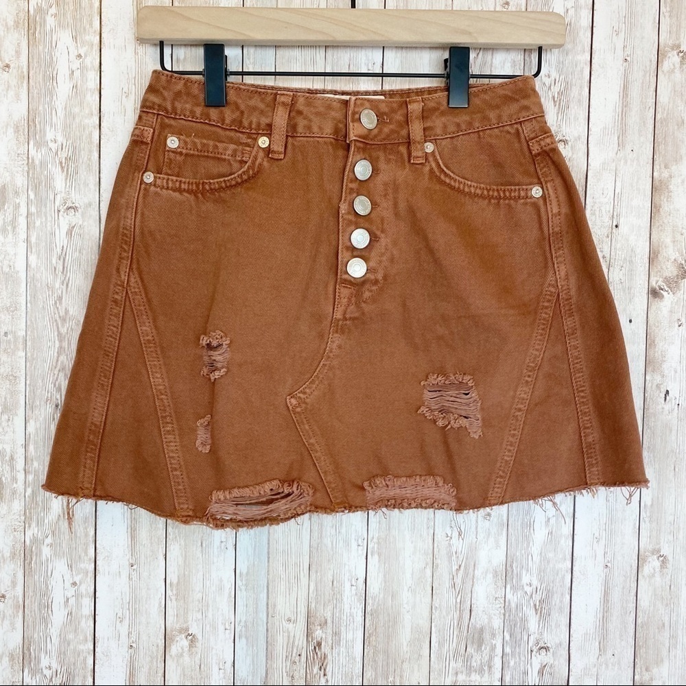 Free People Denim A Line‎ Button Front Distressed Mini Skirt Size 25